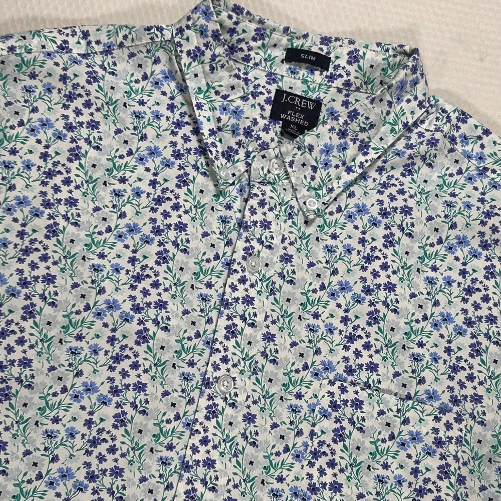J‎ Crew Flex Washed Slim Fit Shirt XL Mens Blue Green Floral Short Sleeve Button